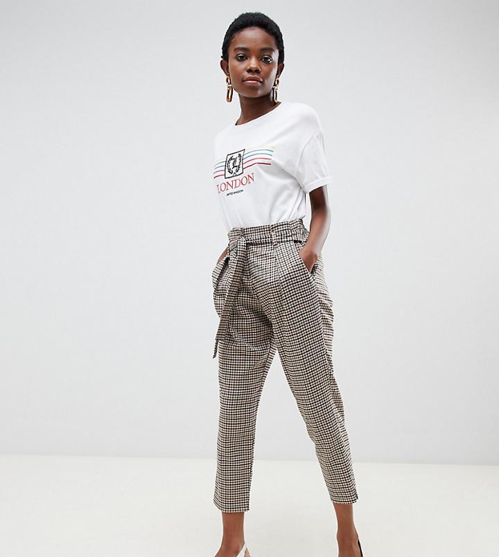 River Island Petite Tapered Pants With Tie Front In Check - Multi