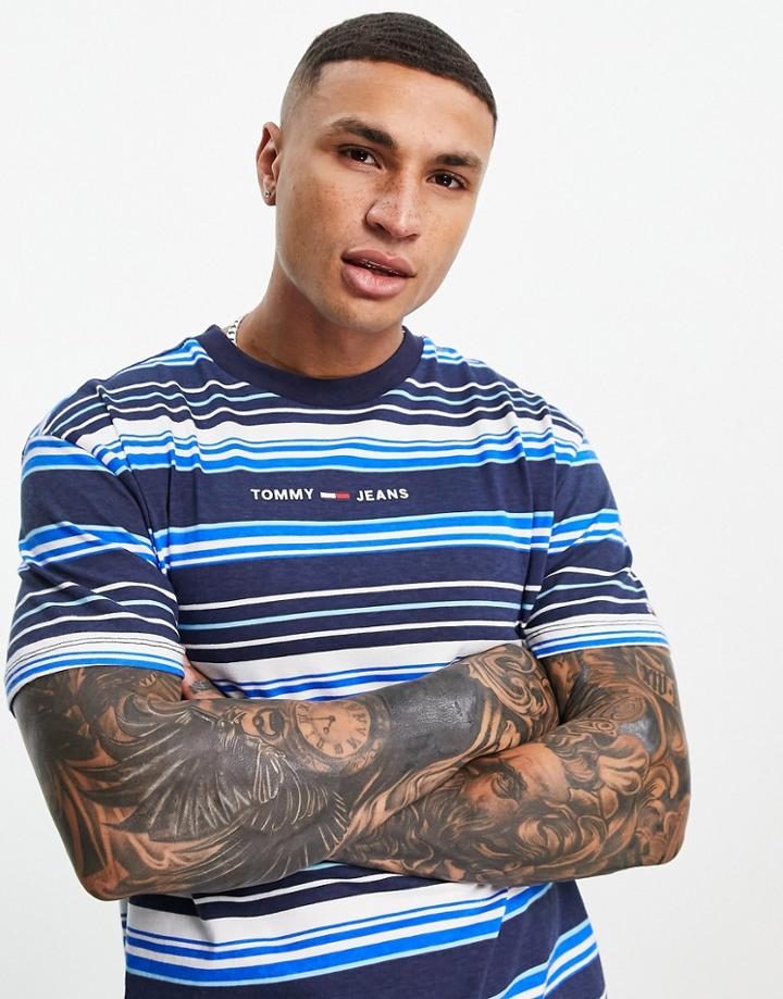 Tommy Jeans Linear Logo Multistripe T-shirt In Navy