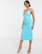 Asos Design Ruched Paneled Cami Midi Dress-blue