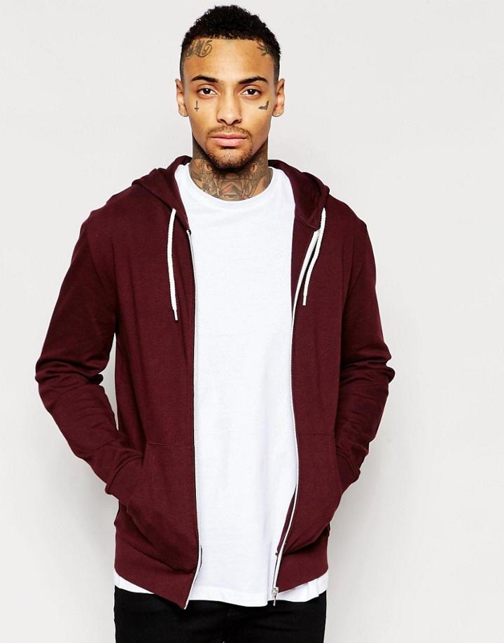 Asos Zip Up Hoodie In Burgundy - Oxblood