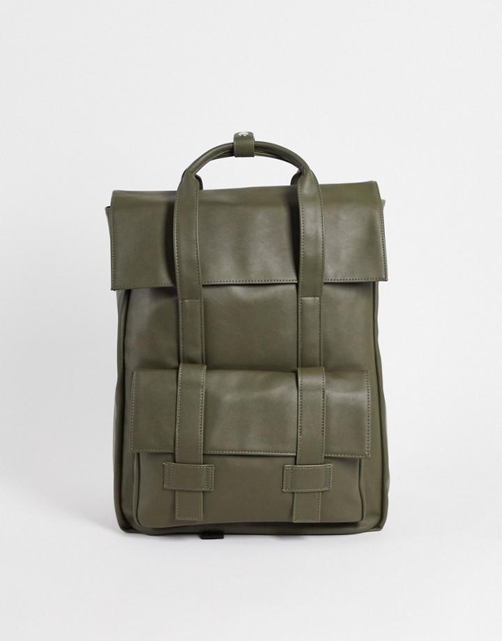 Asos Design Backpack With Double Straps In Khaki Faux Leather-green