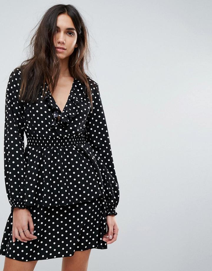 Prettylittlething Polka Dot Tiered Tea Dress - Black