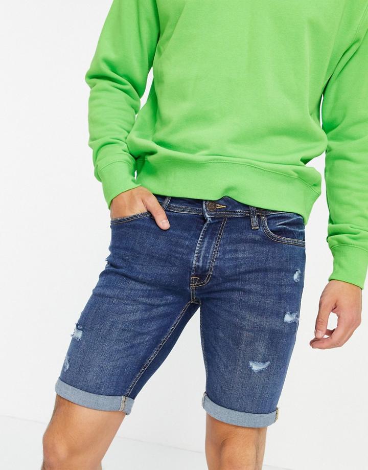 Jack & Jones Intelligence Skinny Denim Shorts With Rips In Dark Blue-blues