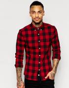 Asos Skinny Shirt In Burgundy Buffalo Plaid With Long Sleeves - Burgundy