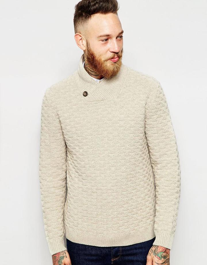 Asos Shawl Neck Sweater With Textured Knit - Ecru