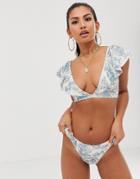 Asos Design Recycled Flutter Sleeve Plunge Crop Bikini Top In Washed Paisley Print - Multi
