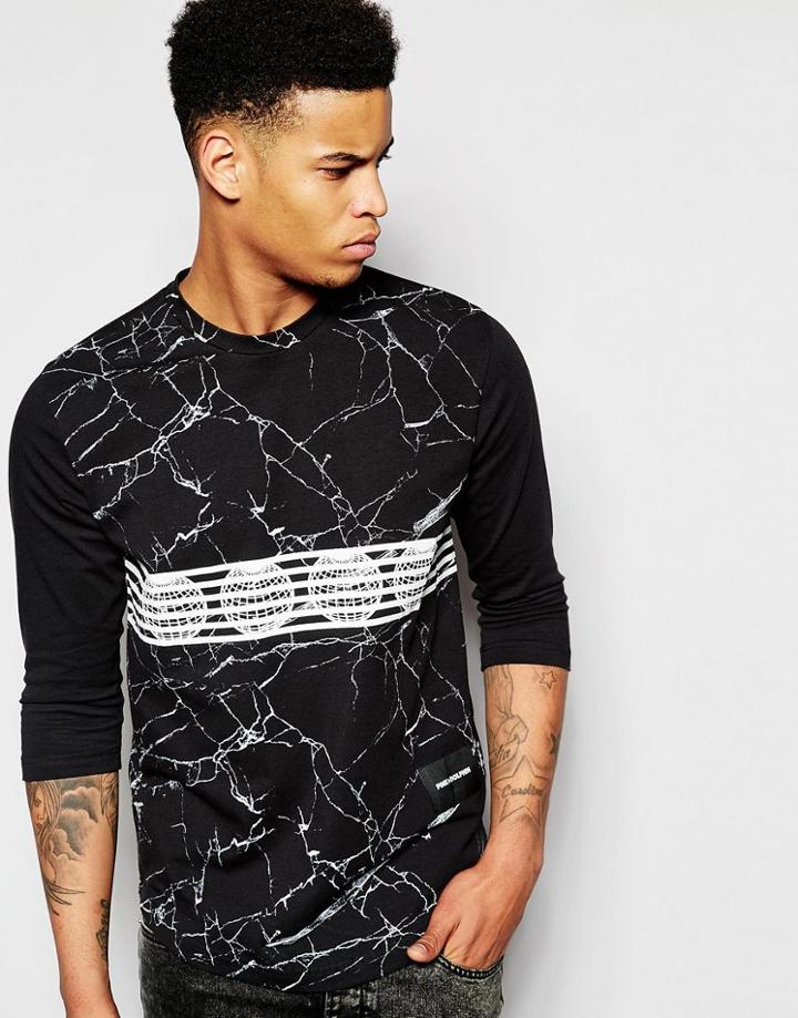 Pink Dolphin 3/4 Sleeve T-shirt In Marble Print With Raglan Sleeves - Black