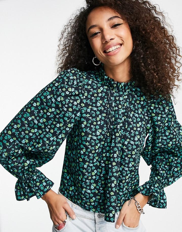 Topshop Floral Poplin Puff Sleeve Top In Green