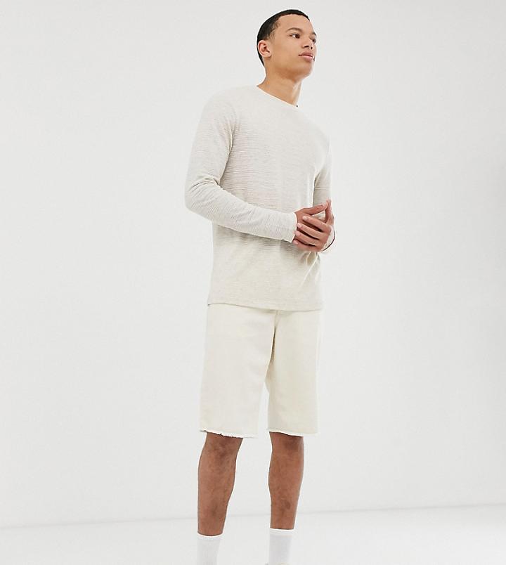 Asos Design Tall Long Sleeve T-shirt In Striped Linen In Ecru - White