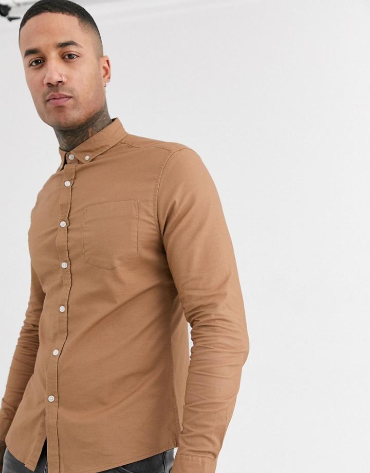 Asos Design Slim Fit Oxford Shirt In Dark Tan