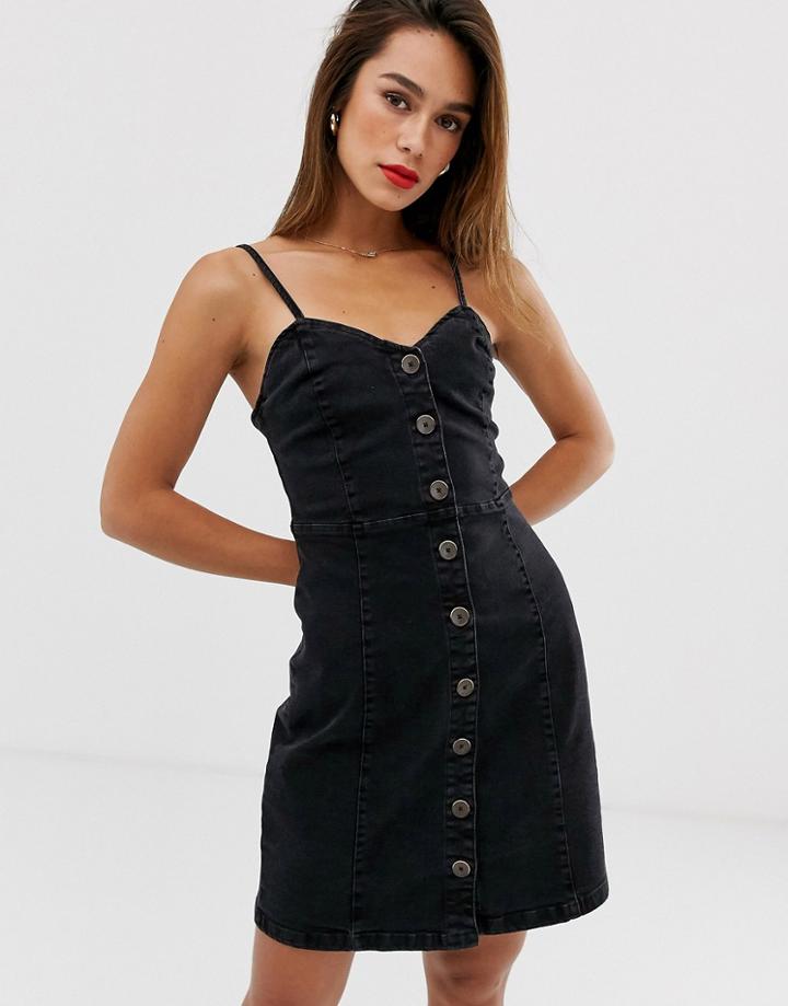Mango Button Front Denim Cami Dress In Washed Black - Black
