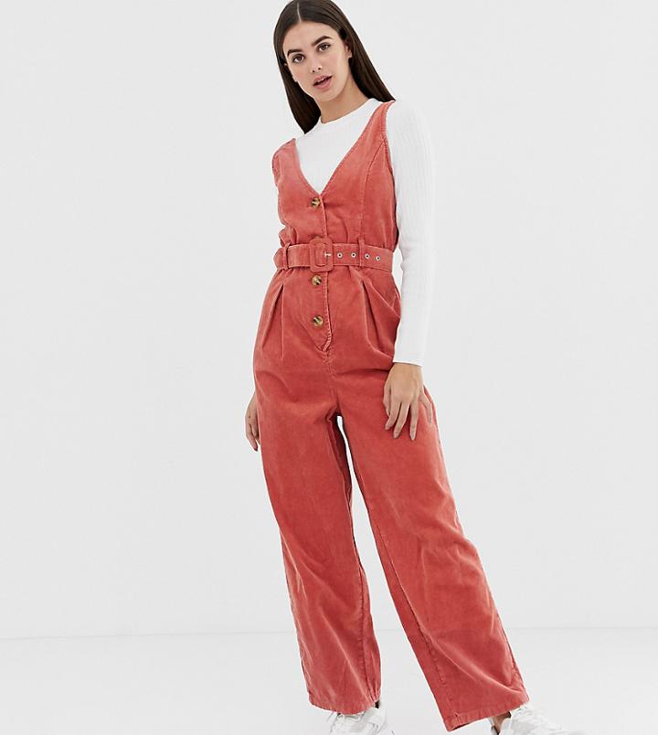 Asos Design Tall Cord Button Through Belted Jumpsuit In Red Brick