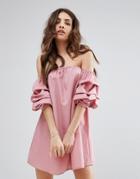 Prettylittlething Ruched Bardot Sleeve Shift Dress - Pink
