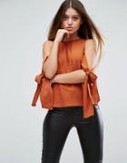 Asos Cold Shoulder Top With Tie Sleeve - Orange