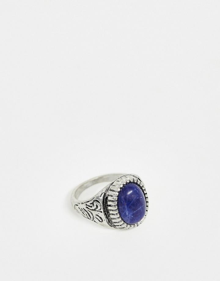 Asos Design Chunky Ring With Stone In Burnished Silver - Silver
