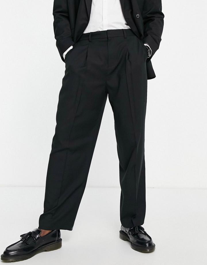Topman Wide Leg Pleated Suit Pants In Black