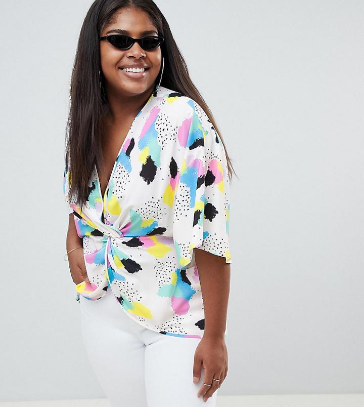 Asos Design Curve Knot Front Top With Kimono Sleeve In Graphic Print - Multi
