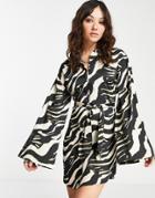 Topshop Satin Tie Belt Kimono Sleeve Mini Dress In Mono Zebra-multi