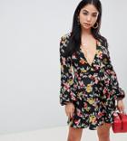 Missguided Belted Mini Dress In Floral - Black