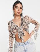 Asos Design Snake Print Tie Front Mesh Top-multi