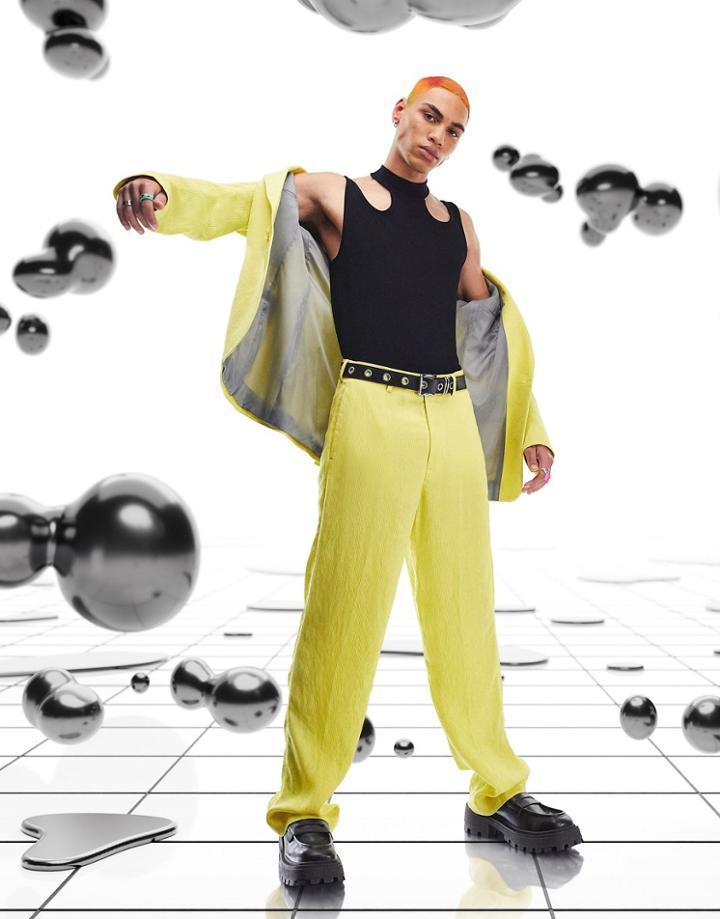 Asos Design Wide Leg Suit Pants In Yellow Crinkle