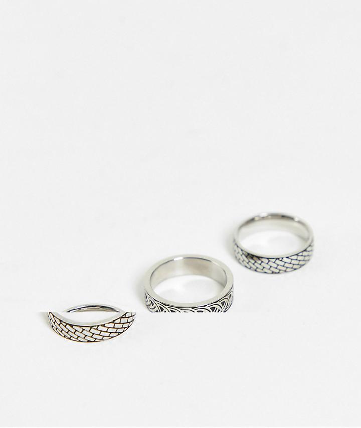Asos Design 3 Pack Stainless Steel Band Ring Set With Emboss Detail In Silver