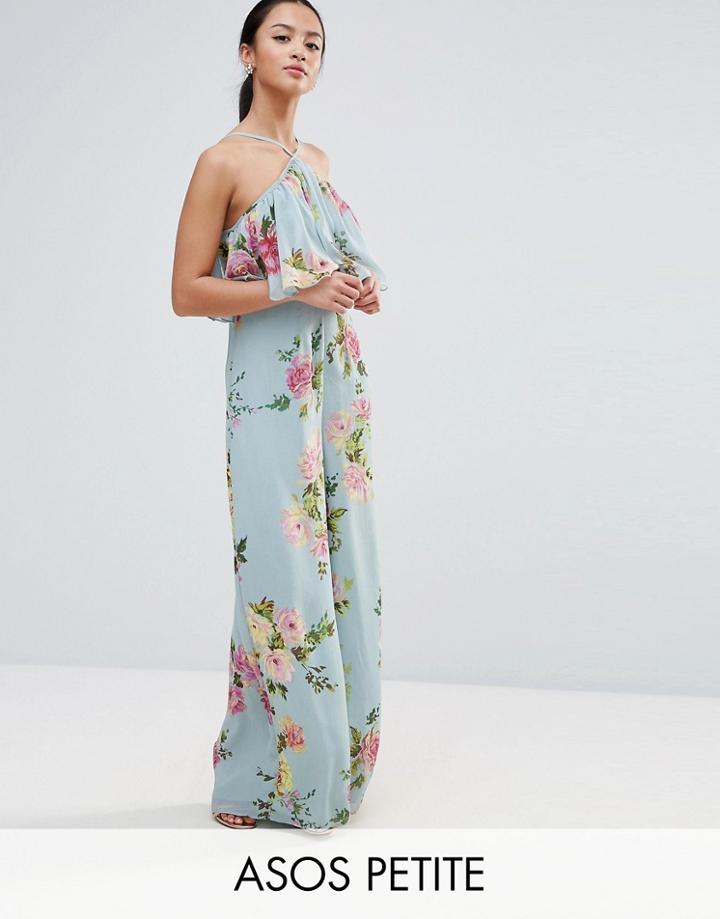 Asos Petite Jumpsuit In Crinkle With Wide Leg And Halter Neck In Floral Print - Multi