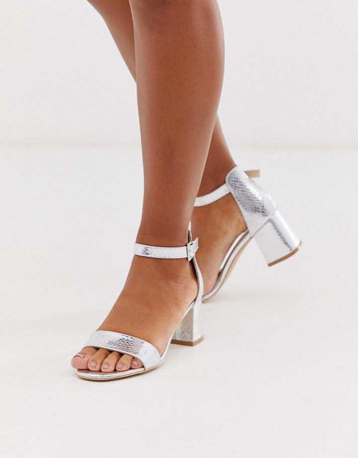 Glamorous Silver Snake Embossed Block Heeled Sandals