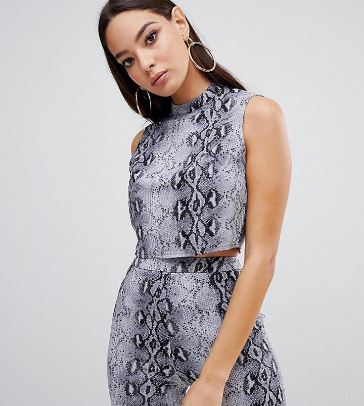 Prettylittlething High Neck Crop Top In Snake - Multi
