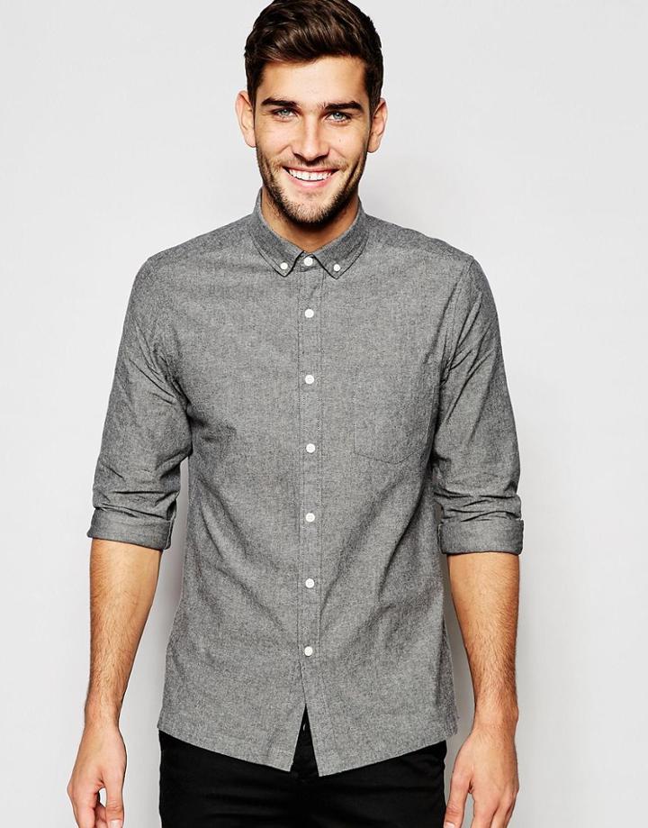 Asos Oxford Shirt In Brushed Gray Marl With Long Sleeves - Gray