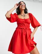 Bershka Linen Milkmaid Mini Dress In Red