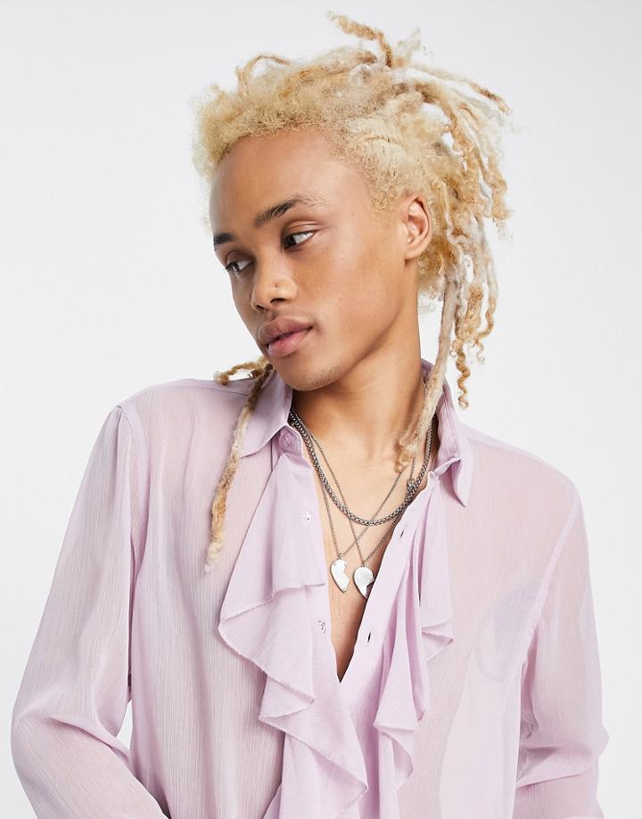 Asos Design Regular Sheer Shirt With Ruffle Front Detail In Recycled Polyester In Lilac-purple