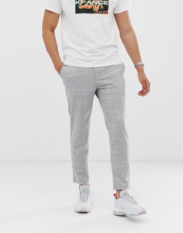 Bershka Skinny Cropped Pants In Light Gray Check - Gray