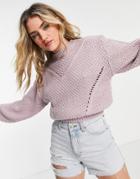 Asos Design Sweater With Crew Neck With Pretty Stitch Detail In Lilac-purple