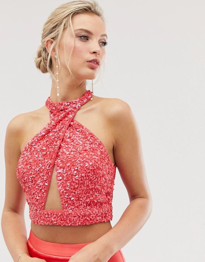 Dolly & Delicious Cross Front Open Back Embellished Crop Top In Coral Pink - Pink