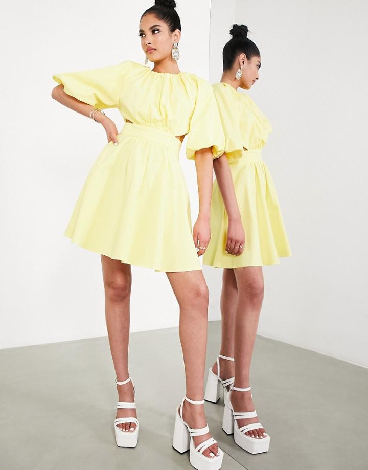 Asos Edition Puff Sleeve Mini Dress With Cut Out Back In Lemon-yellow