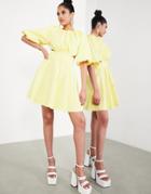 Asos Edition Puff Sleeve Mini Dress With Cut Out Back In Lemon-yellow