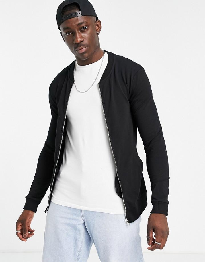 Asos Design Jersey Muscle Bomber Jacket In Black