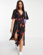 Asos Design Angel Sleeve Midi Dress In Black Floral Print-multi