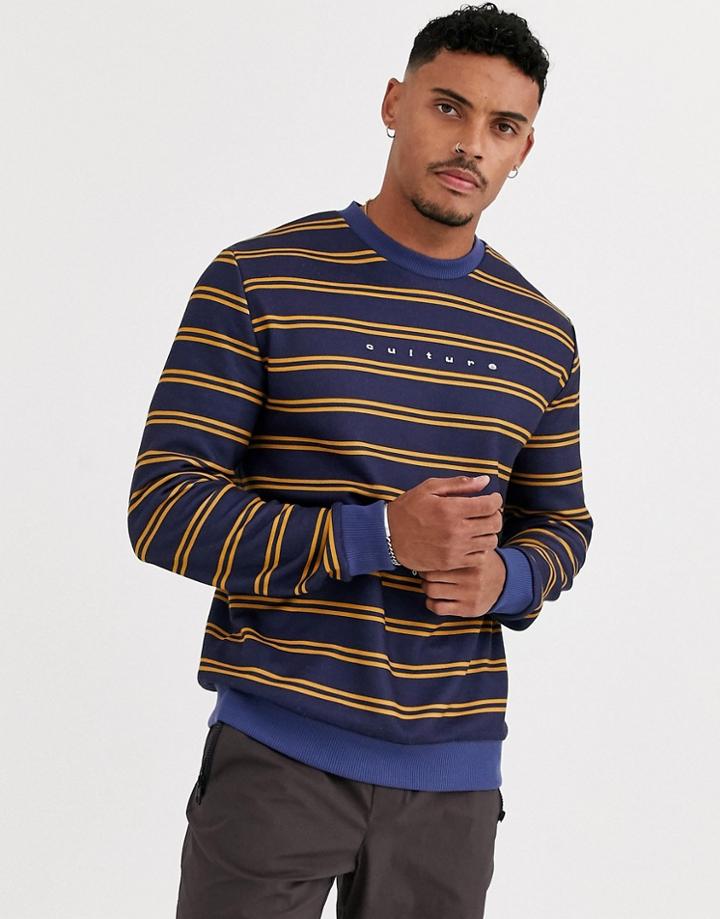 Asos Design Sweatshirt In Navy With Yellow Stripe