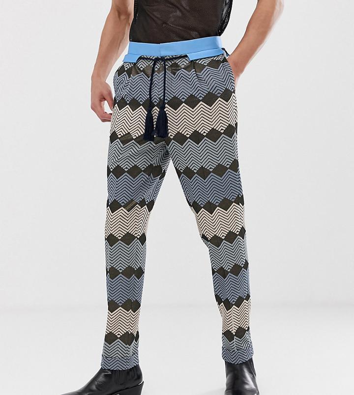 Asos Edition Tall Tapered Smart Pants In Blue Zig Zag Jacquard With Rope Belt - Blue