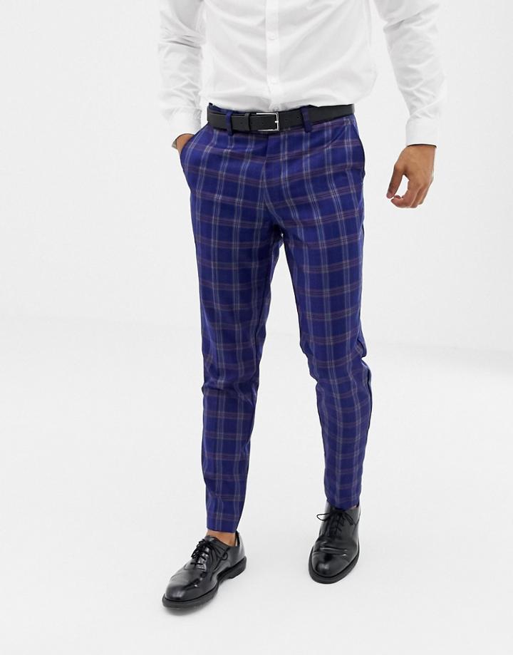 Boohooman Skinny Fit Suit Pants In Blue Check - Blue