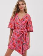 Finders Keepers Hana Floral Print Wrap Mini Dress-pink