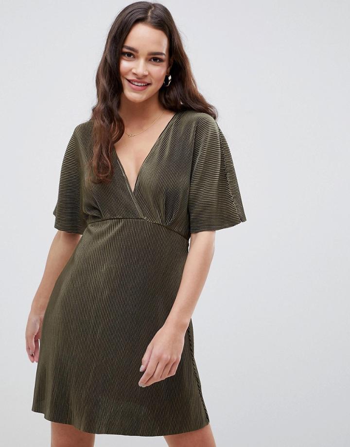 Asos Design Wrap Front Mini Plisse Tea Dress-green