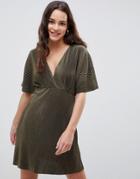 Asos Design Wrap Front Mini Plisse Tea Dress-green