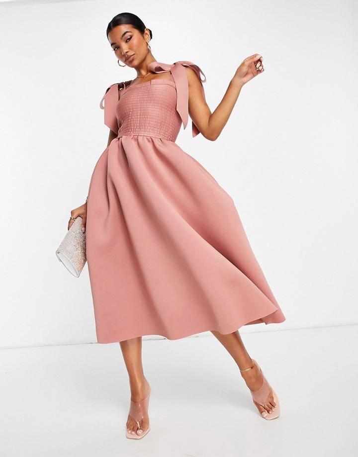 Asos Design Shirred Bunny Tie Prom Midi Dress In Rose-pink