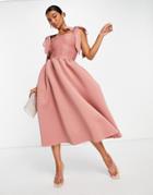 Asos Design Shirred Bunny Tie Prom Midi Dress In Rose-pink