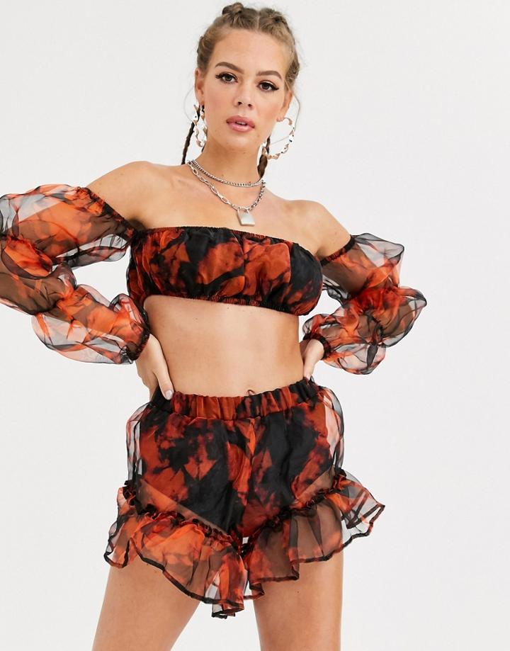 Jaded London Puff Sleeve Bardot Crop Top In Tie Dye Organza Two-piece - Orange