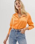 Asos Design Relaxed Satin Long Sleeve Shirt - Orange