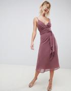 Asos Design Cami Wrap Midi Dress With Tie Waist - Purple